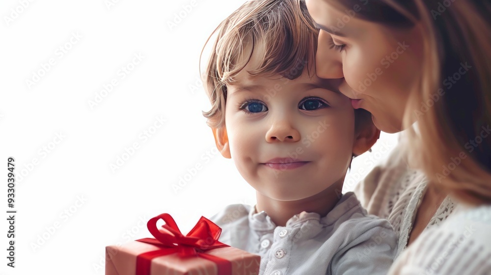 Child surprising their mother with a gift, isolated on white background, colorful background, ultra-high definition, professional color grading Child surprising their mother with a gift, isolated on white background, colorful background, ultra-high definition, professional color grading