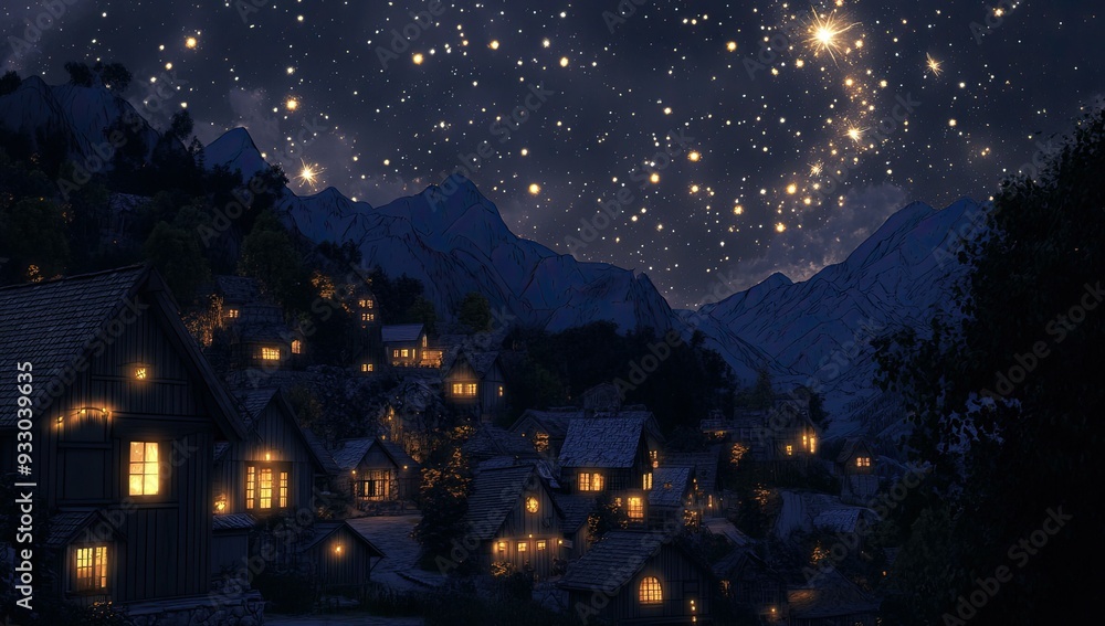 Nighttime village nestled in mountains under starry sky. Nighttime village nestled in mountains under starry sky.