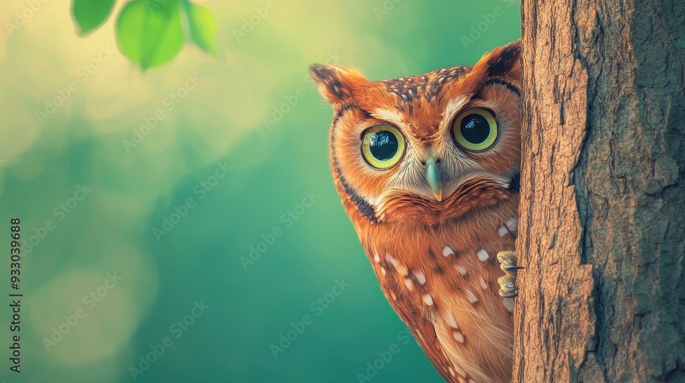 Obraz premium A curious owl peeks from behind a tree, showcasing its vibrant feathers and big, expressive eyes in a lush, green environment.