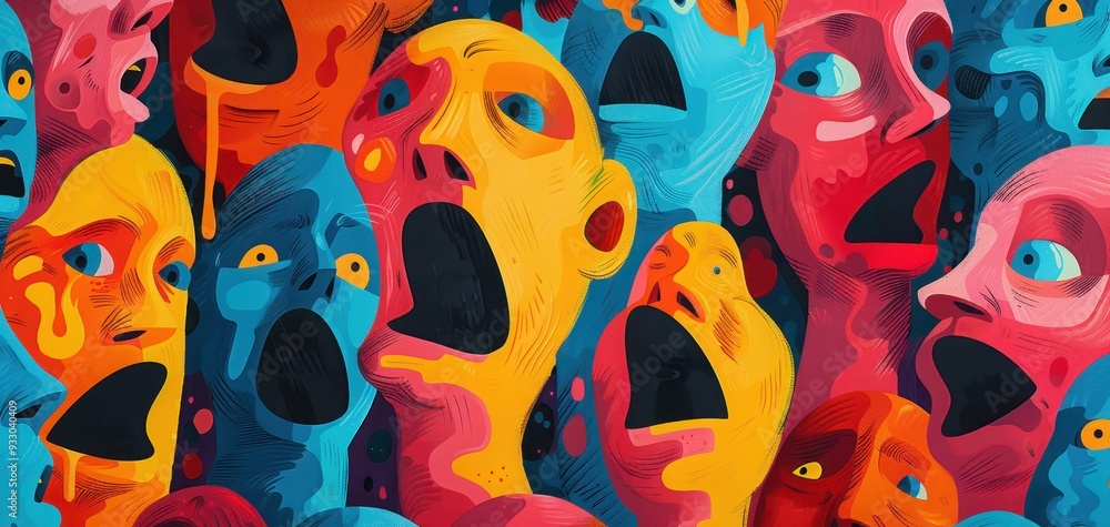 Obraz premium A vibrant abstract composition featuring expressive faces in vivid colors, conveying emotion and intensity through art.