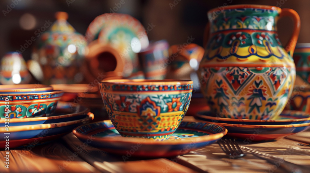 Colorful Mexican ceramic tableware with traditional patterns on a wooden table, illuminated by warm sunlight Colorful Mexican ceramic tableware with traditional patterns on a wooden table, illuminated by warm sunlight