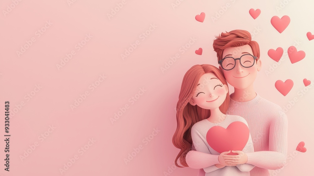 A joyful couple embraces, surrounded by floating hearts, symbolizing love and affection in a charming pastel setting. A joyful couple embraces, surrounded by floating hearts, symbolizing love and affection in a charming pastel setting.