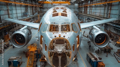 An airplane fuselage is being assembled in a spacious hangar, showcasing intricate details and industrial equipment nearby
