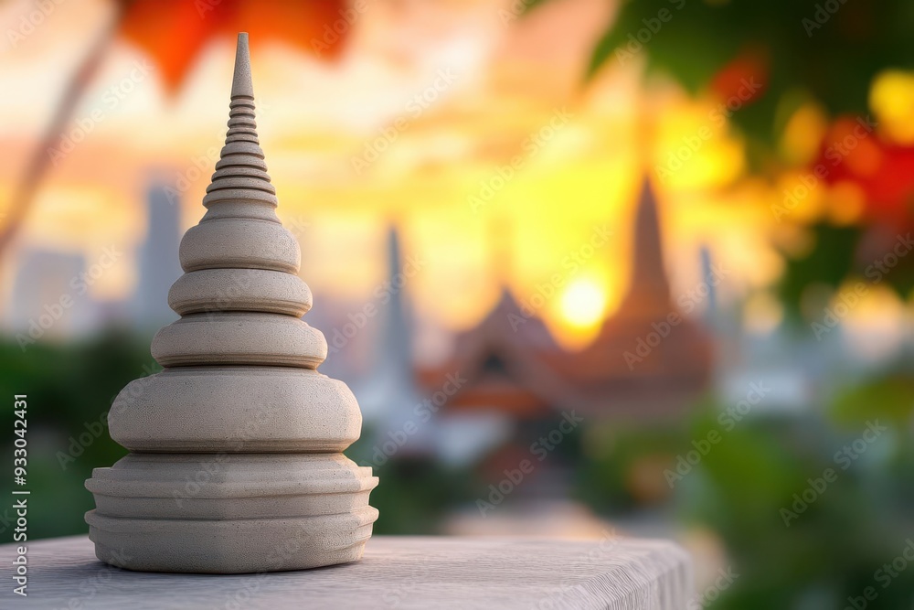 Fototapeta premium A serene wooden structure against a vibrant sunset, showcasing intricate design and peaceful ambiance near an ancient temple.