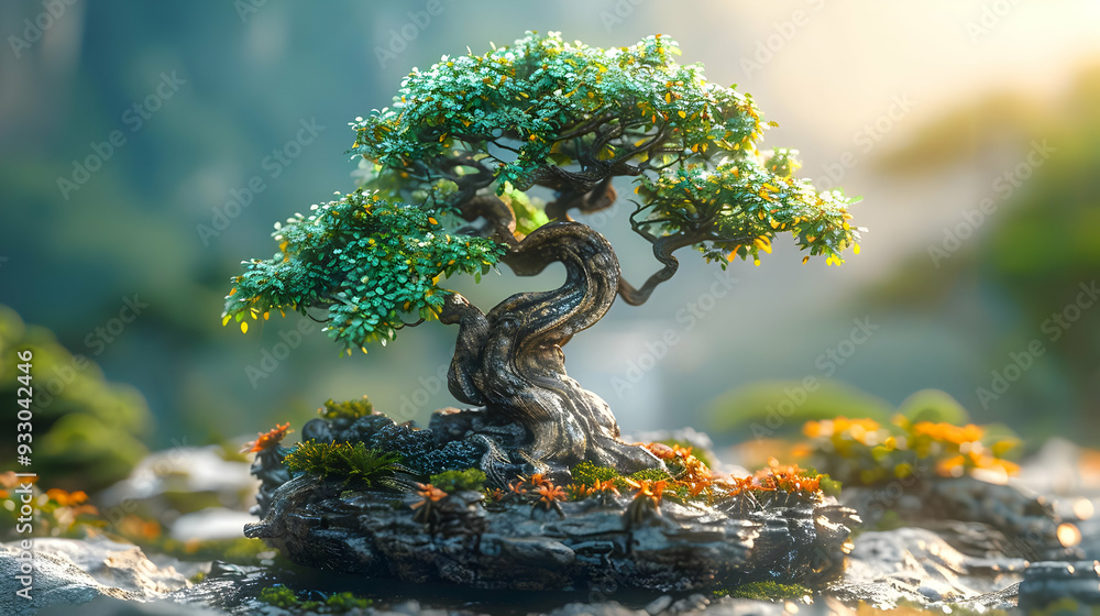 Bonsai Tree Illustration with Green Leaves and Twisted Branches on a Rocky Base Bonsai Tree Illustration with Green Leaves and Twisted Branches on a Rocky Base
