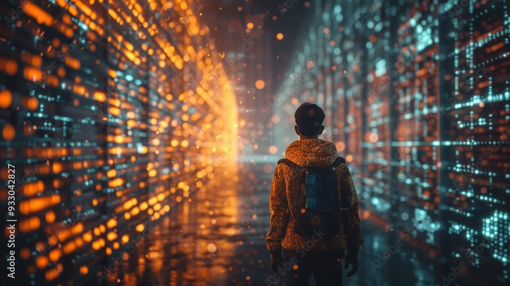 A man standing in advance server room, Futuristic Technology Visualization A man standing in advance server room, Futuristic Technology Visualization
