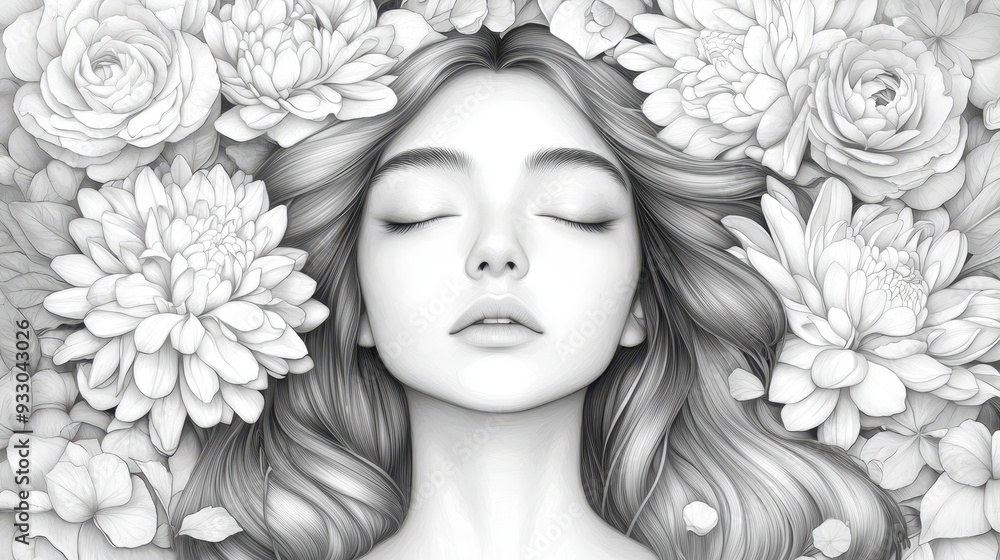 A serene grayscale illustration of a woman surrounded by intricate flowers, embodying peace, beauty, and tranquility. A serene grayscale illustration of a woman surrounded by intricate flowers, embodying peace, beauty, and tranquility.