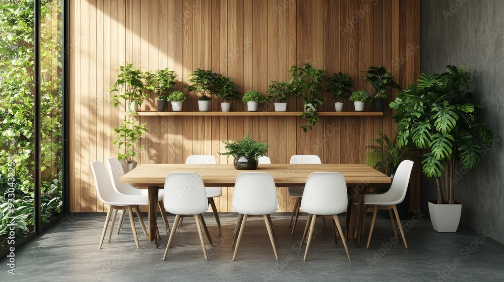 Fototapeta premium 3D rendering of a dining room interior design with a wooden table and