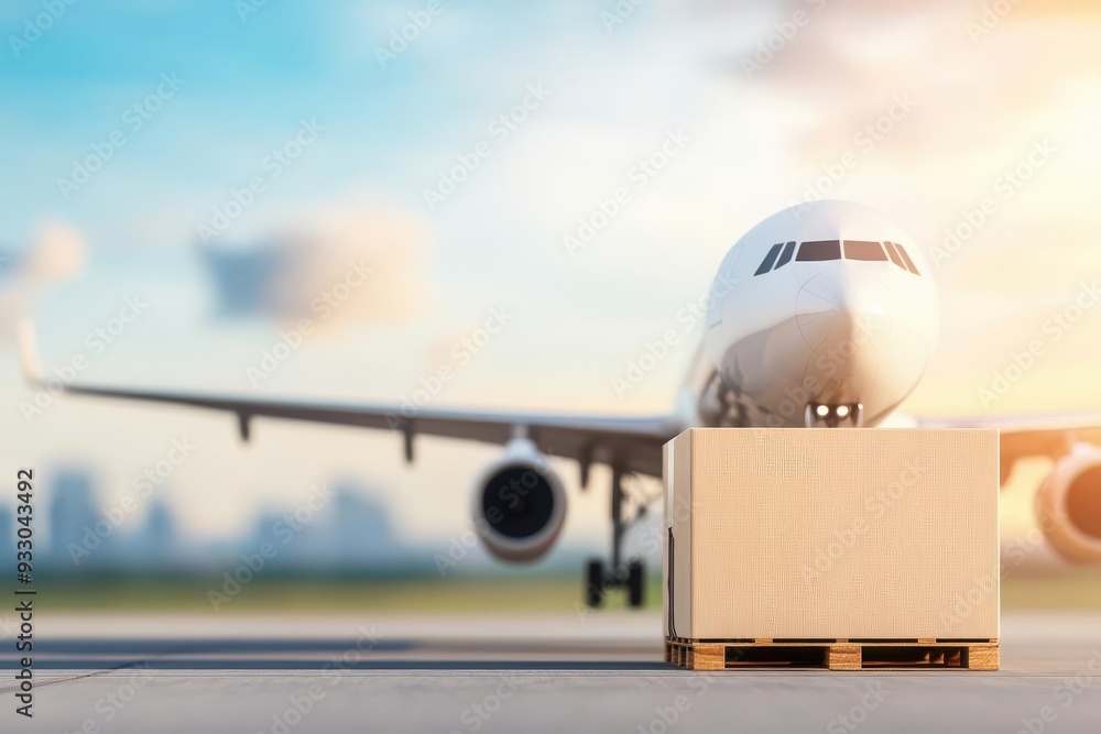 A cargo box in front of an airplane, symbolizing air freight and logistics against a beautiful sky backdrop. A cargo box in front of an airplane, symbolizing air freight and logistics against a beautiful sky backdrop.