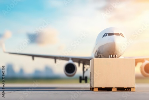 A cargo box in front of an airplane, symbolizing air freight and logistics against a beautiful sky backdrop.