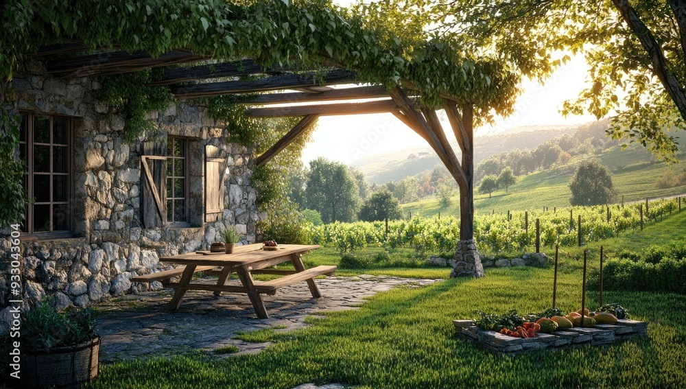 Stone house with wooden pergola, picnic table, vineyard. Stone house with wooden pergola, picnic table, vineyard.
