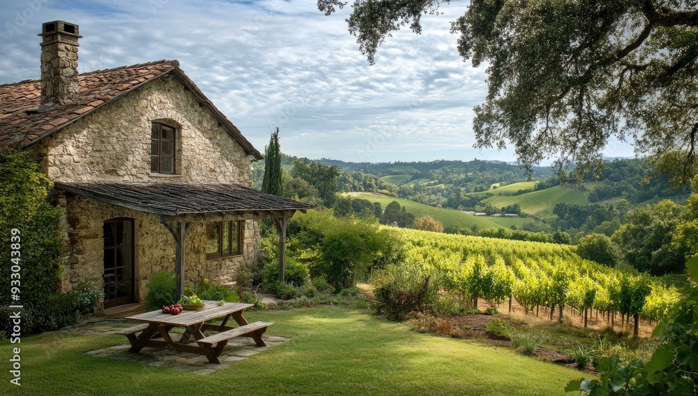 Stone house with picnic table overlooking vineyard. Stone house with picnic table overlooking vineyard.