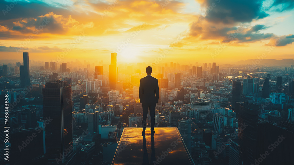 Abstract business man stands on the peak of success amid tall, innovative Smart city and graphs with statistics to analyze business potential and predict future developments in company growth. Abstract business man stands on the peak of success amid tall, innovative Smart city and graphs with statistics to analyze business potential and predict future developments in company growth.