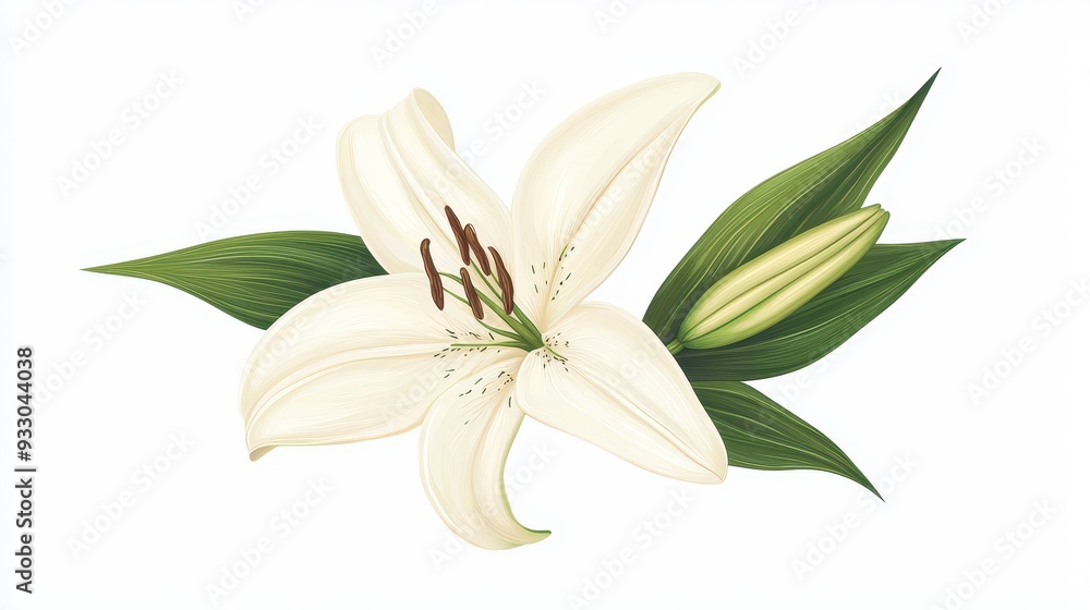 A stunning illustration of a white lily flower with lush green leaves, perfect for nature-themed design projects. A stunning illustration of a white lily flower with lush green leaves, perfect for nature-themed design projects.