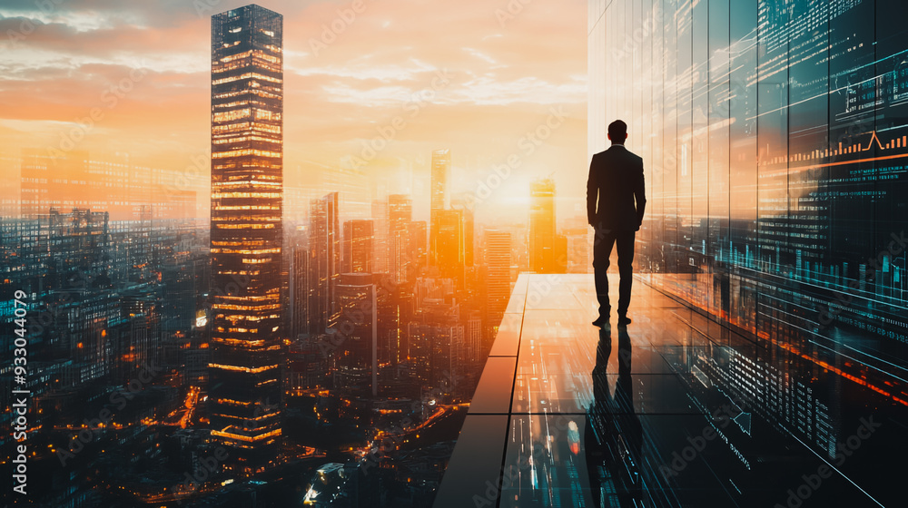 Abstract business man stands on the peak of success amid tall, innovative Smart city and graphs with statistics to analyze business potential and predict future developments in company growth. Abstract business man stands on the peak of success amid tall, innovative Smart city and graphs with statistics to analyze business potential and predict future developments in company growth.