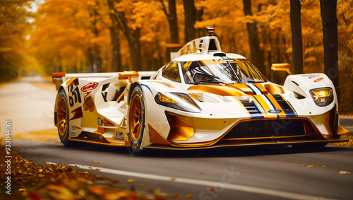 This is a racing car on a track, white and red with gold wheels.

