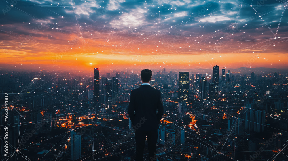 Abstract business man stands on the peak of success amid tall, innovative Smart city and graphs with statistics to analyze business potential and predict future developments in company growth. Abstract business man stands on the peak of success amid tall, innovative Smart city and graphs with statistics to analyze business potential and predict future developments in company growth.