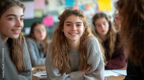 Smiling Student in a Grey Sweater Amidst Blurred Classmates