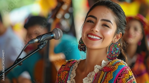 Young Woman Singing into a Microphone with a Bright Smile
