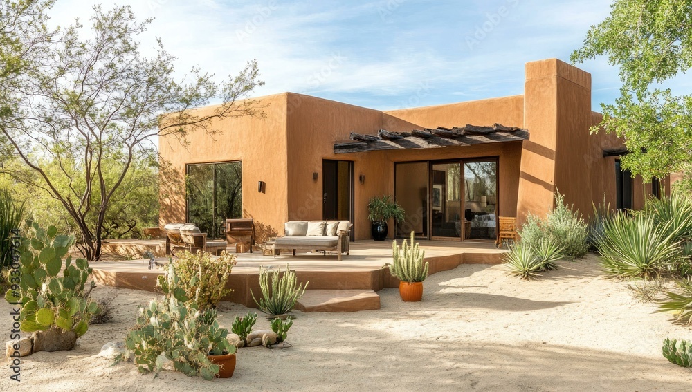 Fototapeta premium Desert home patio with cacti and lounge chairs.