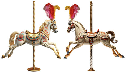 Close-up of a plastic horse of a carousel horses or merry-go-round (supported by a pole and with feathers on the head), isolated on white or transparent background. Png. Generative Ai.