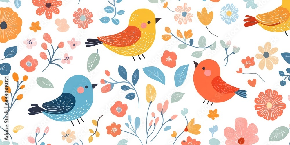 Whimsical Children's Seamless Pattern with Birds and Flowers: Colorful Cartoon Design for Wrapping Paper, Greeting Cards, and Invitations. Playful Floral and Avian Motifs Perfect for Kids' Room Decor, Whimsical Children's Seamless Pattern with Birds and Flowers: Colorful Cartoon Design for Wrapping Paper, Greeting Cards, and Invitations. Playful Floral and Avian Motifs Perfect for Kids' Room Decor,