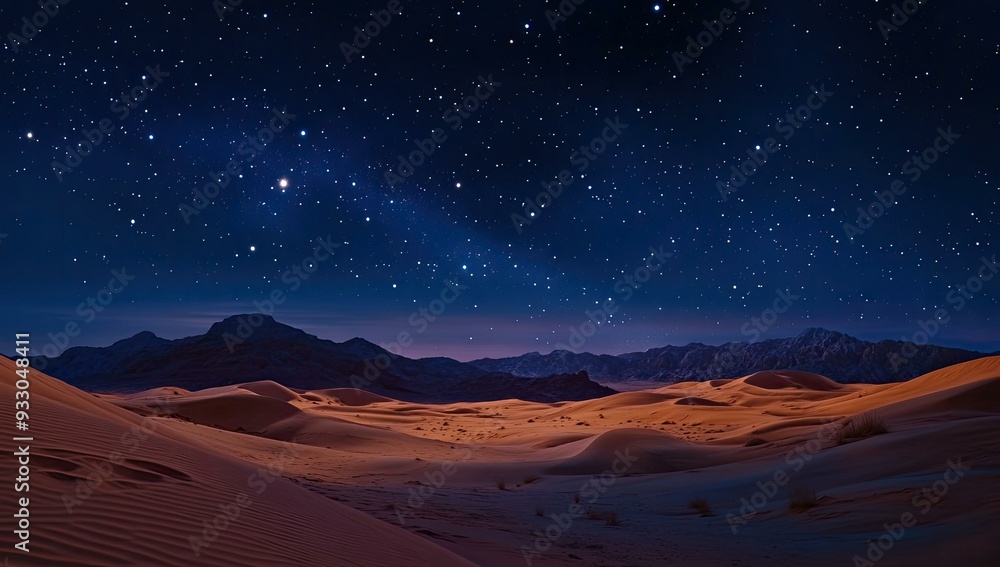 Starry night over desert dunes and mountains. Starry night over desert dunes and mountains.