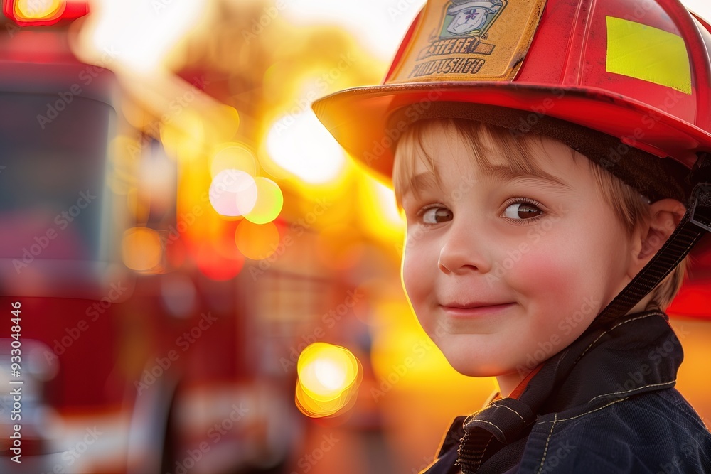 closeup portrait of little boy in orange helmet dressed as fireman on blurred bokeh background closeup portrait of little boy in orange helmet dressed as fireman on blurred bokeh background