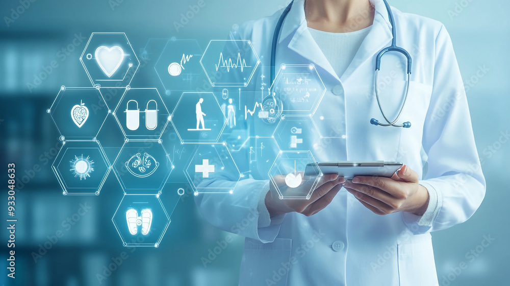 Medical technology, online health, virtual hospital, telemedicine concept. Doctor working on digital tablet computer, electronic health record with icons on virtual screen Medical technology, online health, virtual hospital, telemedicine concept. Doctor working on digital tablet computer, electronic health record with icons on virtual screen