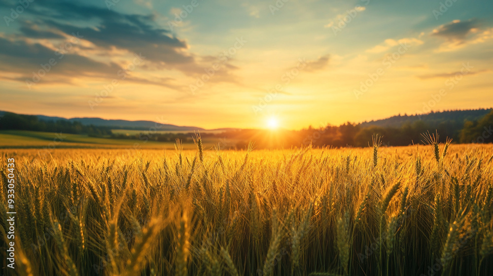 Fototapeta premium Scene of sunset on the field with young rye or wheat in the summer with a cloudy sky background. 