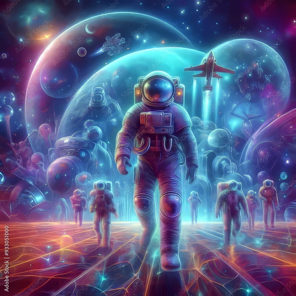 Cosmic Explorers Holographic illustrations of astronauts or imag Cosmic Explorers Holographic illustrations of astronauts or imag