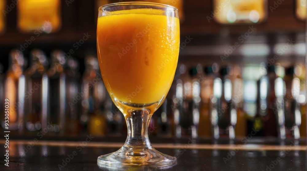 Freshly squeezed orange juice in a glass on a bar counter in a restaurant. soft drink with vitamin C, vegetarianism, orange juice, healthy lifestyle, Freshly squeezed orange juice in a glass on a bar counter in a restaurant. soft drink with vitamin C, vegetarianism, orange juice, healthy lifestyle,