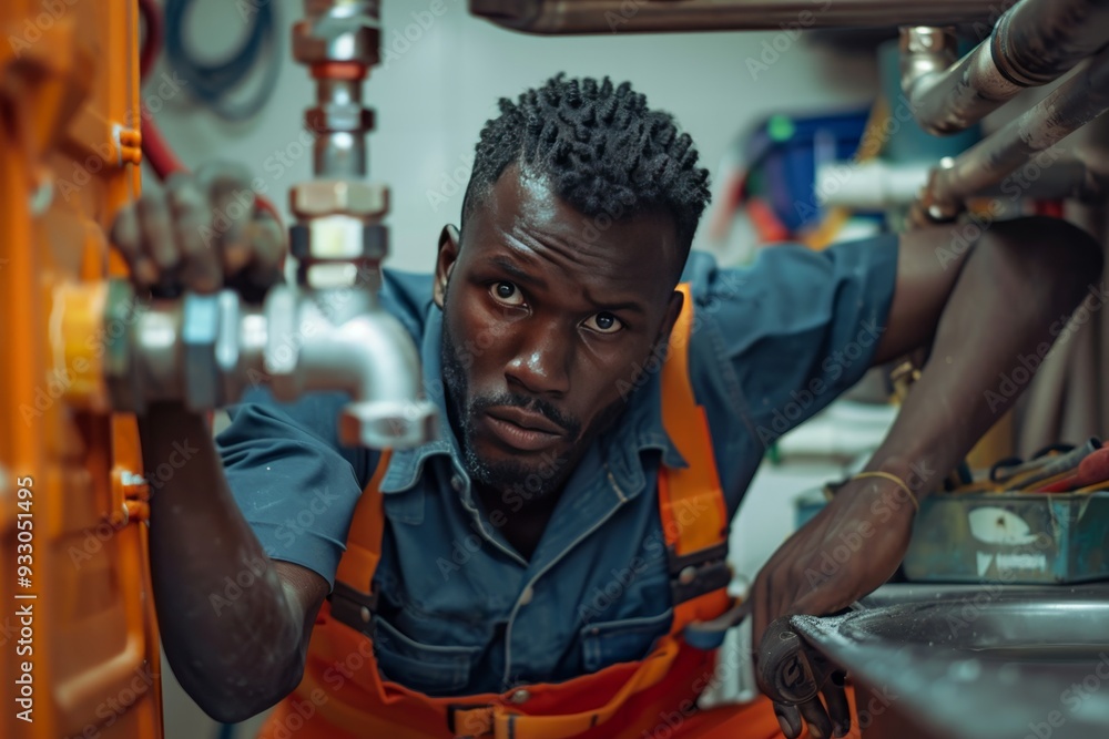 Skilled black plumber performing kitchen sink maintenance and pipe repair in home Skilled black plumber performing kitchen sink maintenance and pipe repair in home
