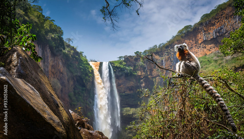 アフリカの大きな滝とアカエリマキキツネと美しい虹の風景