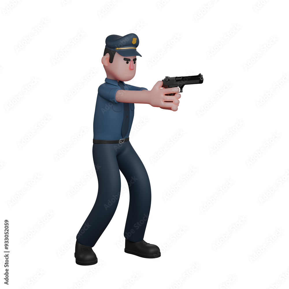3D Professional Male in Police Role. A police officer in a ready stance, aiming a pistol with both hands to shoot. Cartoon 3D Professional Male in Police Role. A police officer in a ready stance, aiming a pistol with both hands to shoot. Cartoon