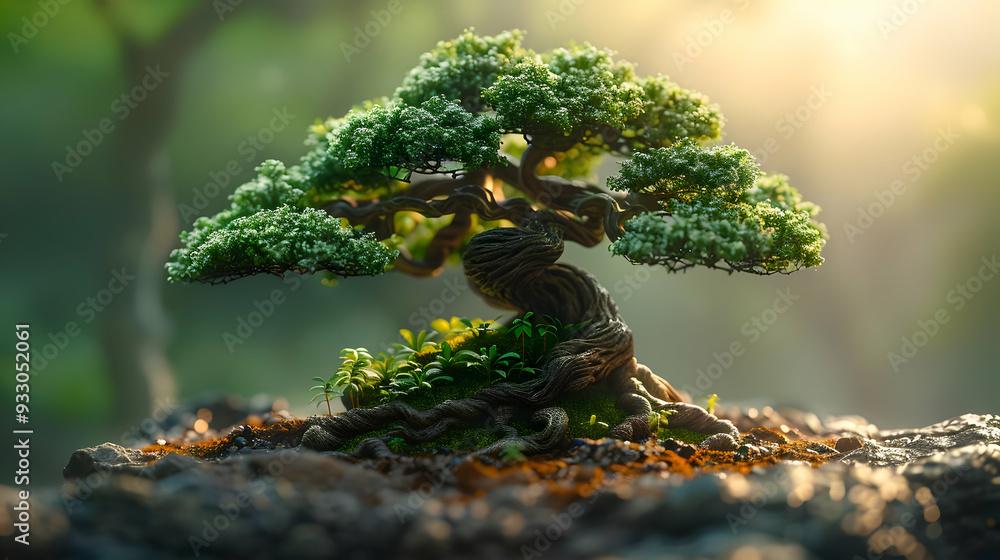 Twisted Bonsai Tree Illustration with Green Foliage and Sunlight Twisted Bonsai Tree Illustration with Green Foliage and Sunlight