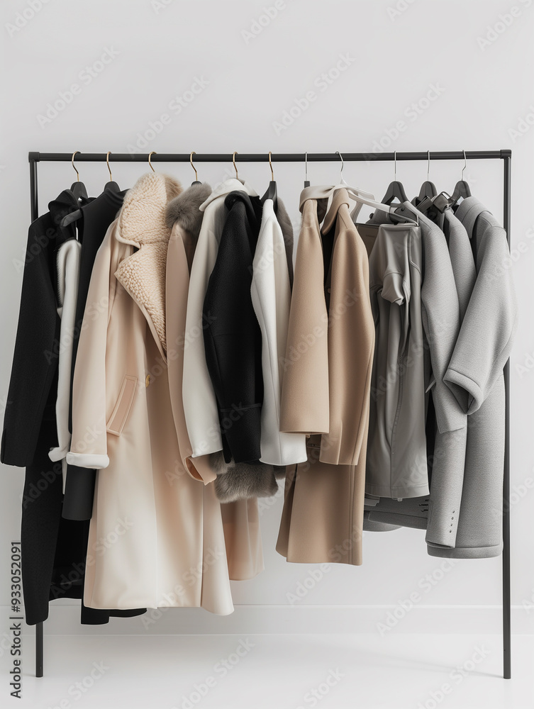 A clean and organized closet featuring a selection of essential outerwear. The neutral color palette and simple design A clean and organized closet featuring a selection of essential outerwear. The neutral color palette and simple design