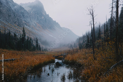 Haunting Montana Mountains in Late Fall Foggy, eerie wilderness scene with bare trees and mist-shrouded peaks. Dreary, unsettling atmosphere in a cold, isolated landscape