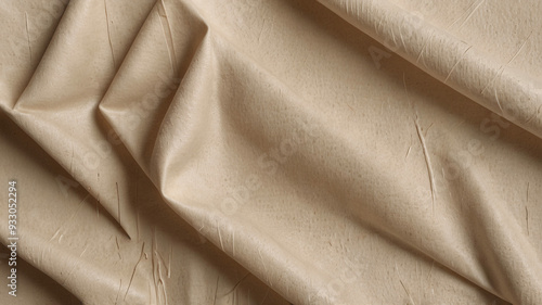 A close-up view of beige cloth fabric with distinctive crinkles, showcasing its texture and detailed design.