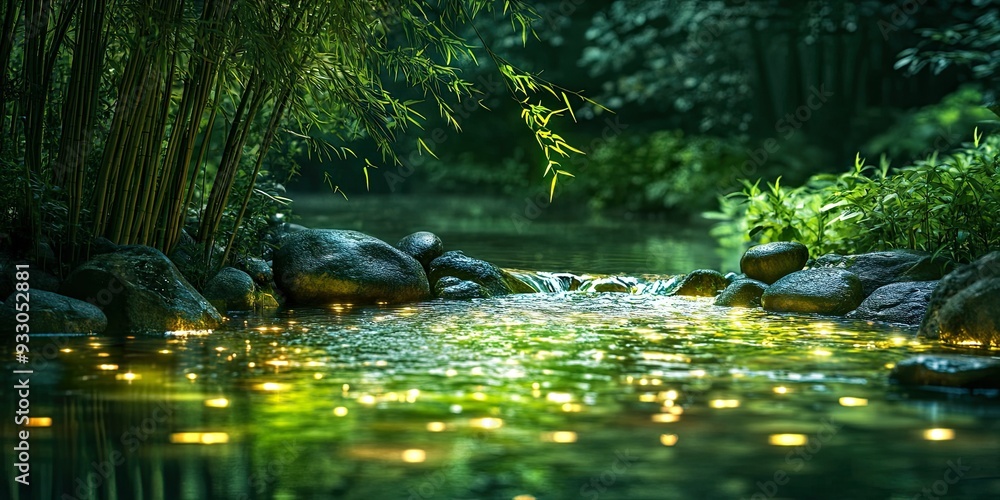 beautiful scene of clear water flow in river between glowing stones with green bamboo beautiful scene of clear water flow in river between glowing stones with green bamboo