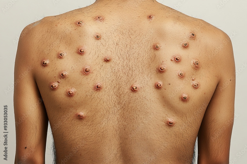 Detailed Back View of Person’s Body with Monkeypox Blisters Detailed Back View of Person’s Body with Monkeypox Blisters