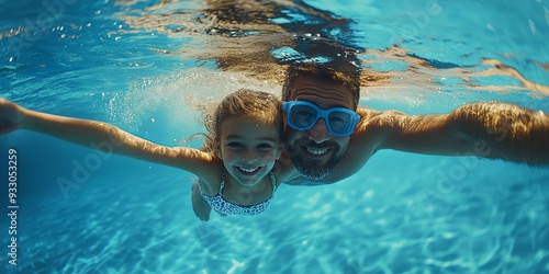 Father and Daughter Underwater Fun and Smiling Family Bonding in the Pool on a Sunny Day, Learn to Swim, Summer Pool Day