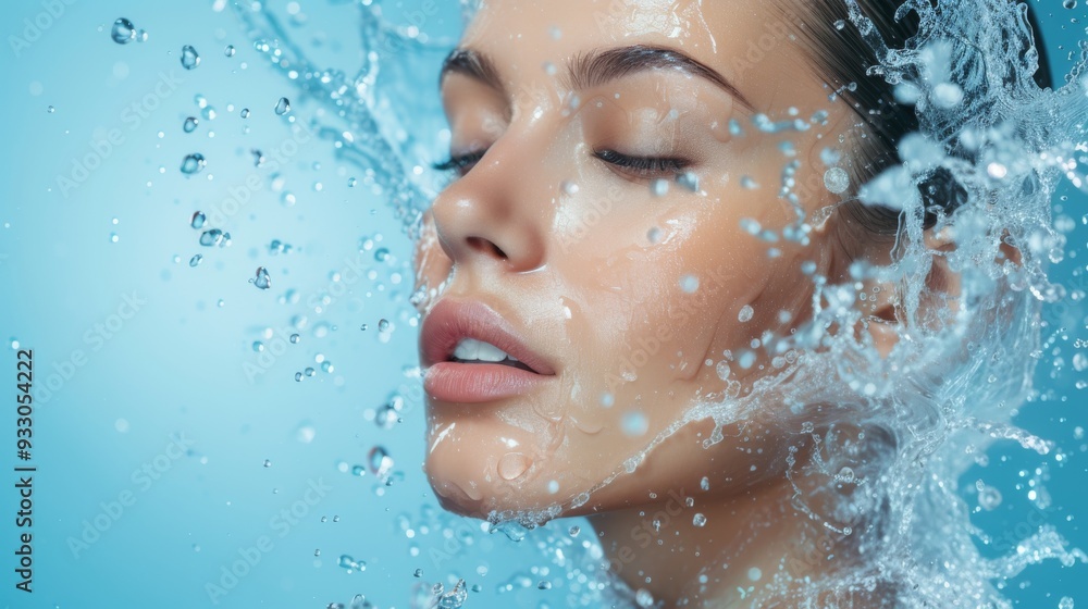 Close up of woman face enjoying refreshing splash of water, highlighting clear skin and hydration, symbolizing purity and rejuvenation after cosmetic procedure