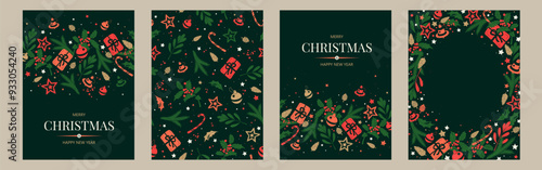 Set of vertical banners with green and red Christmas symbols. Christmas gifts, decor and branches of plants and trees. Winter background with place for text. Seamless pattern.
