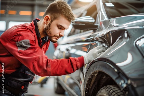 Expert mechanic using spotter tool to repair car body panel after accident in shop photo