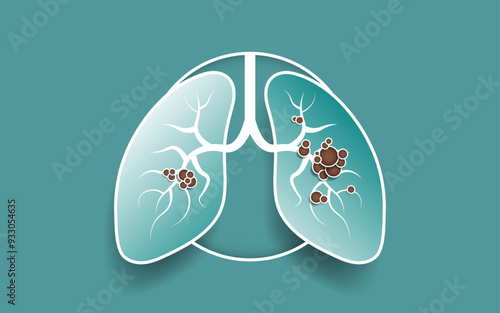 3D Paper Cut Pair of Lungs dotted with red cancerous tumors or infection spread across the lung, with no text. Red dots as virus infection in the lungs.  Respiratory background. Vector Illustration.