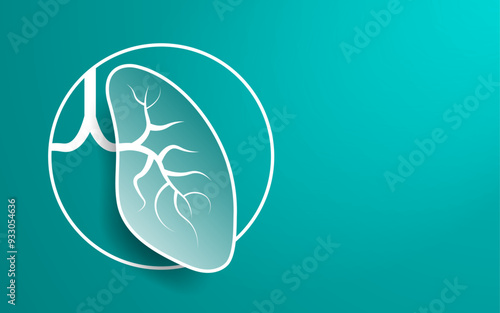 Left lung paper cut out origami shape on a gray background. Left lung illustration with white trachea. Medical background layout template with copy space. Respiratory layout design. Vector.