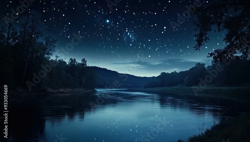 Wallpaper Mural Starry night sky over calm river, forest. Torontodigital.ca