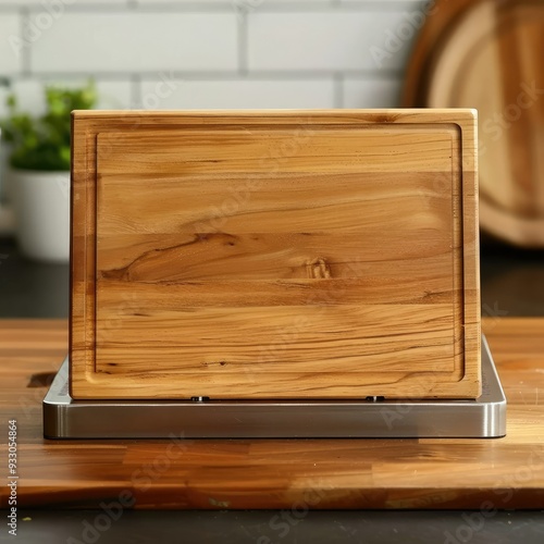 a rectangular chopping board on a stainless steel stand shoping its front view. engraved mark around the edge. infront view. Casual pleasant photo.