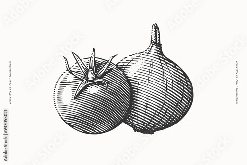 Detailed black and white hand drawn black and white illustration of a tomato and onion in an etching style, perfect for culinary, organic and vintage food-themed projects.